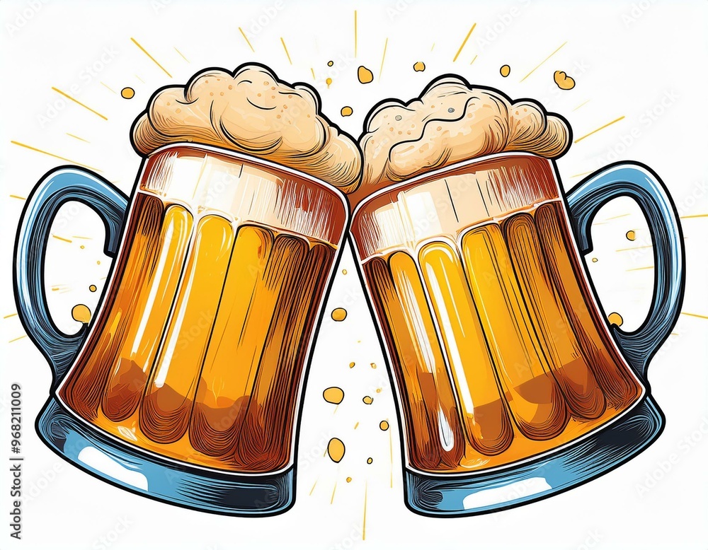 beer cheers vector. Two toasting beer mugs, Cheers. Clinking glass tankards full of beer and splashed foam. Cartoon style. Isolated on white background. Design for banner, poster, greeting cards.
