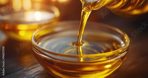 Golden syrup being poured into small glass bowls on a reflective surface near...