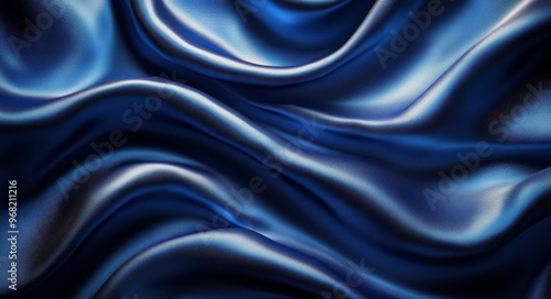 Smooth blue satin fabric draping elegantly on a dark background in soft, flow...