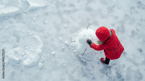 Grl in red coat making snowman. Banner with copy space