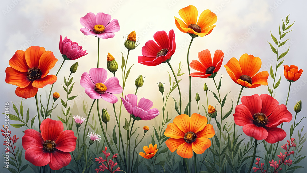 Colorful Flowers in Full Bloom Against Pale Sky Colorful Flowers in Full Bloom Against Pale Sky