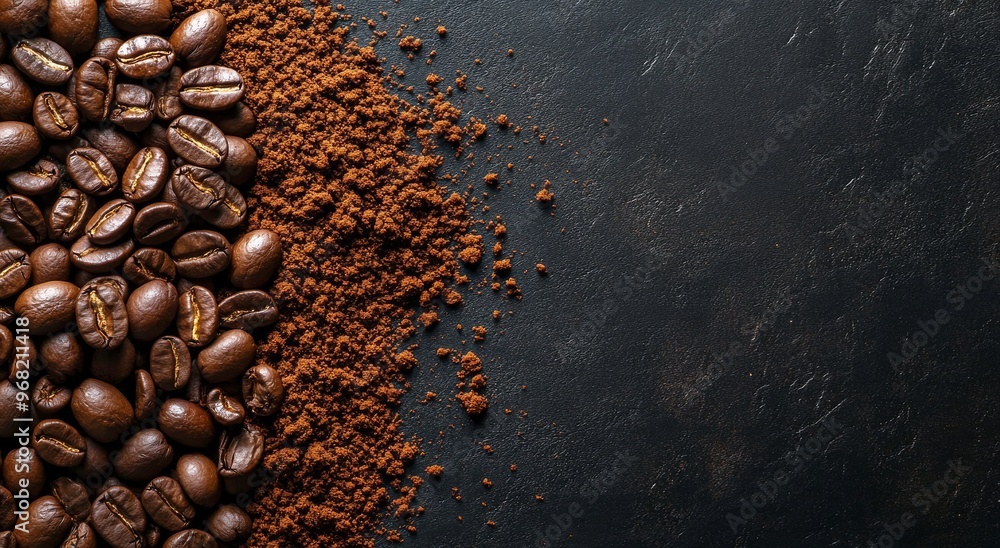 Dark roasted coffee beans and grounds on a textured black surface in a cozy kitchen setting Dark roasted coffee beans and grounds on a textured black surface in a cozy kitchen setting
