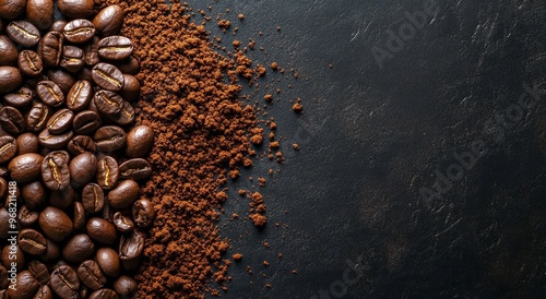 Dark roasted coffee beans and grounds on a textured black surface in a cozy k...