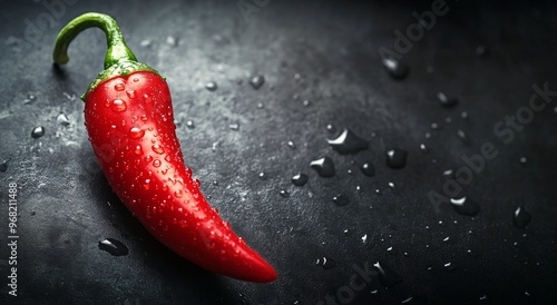 Fresh red chili pepper glistening with droplets on a dark background in a cul...
