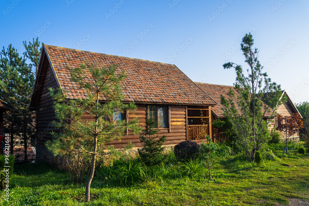 Wooden hotel cabin in the forest Wooden hotel cabin in the forest