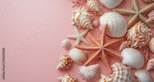 Colorful seashells and starfish arranged artistically on a soft pink background