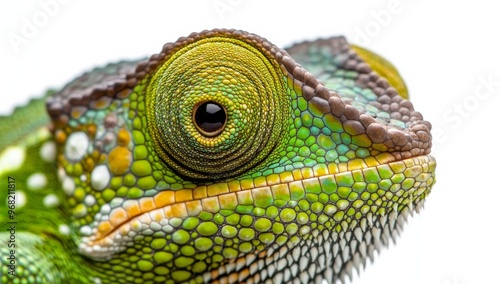 A close-up view of a vibrant green lizard showcasing its detailed scales and ...