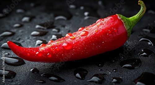 Fresh red chili pepper glistening with water droplets on a dark surface in th...