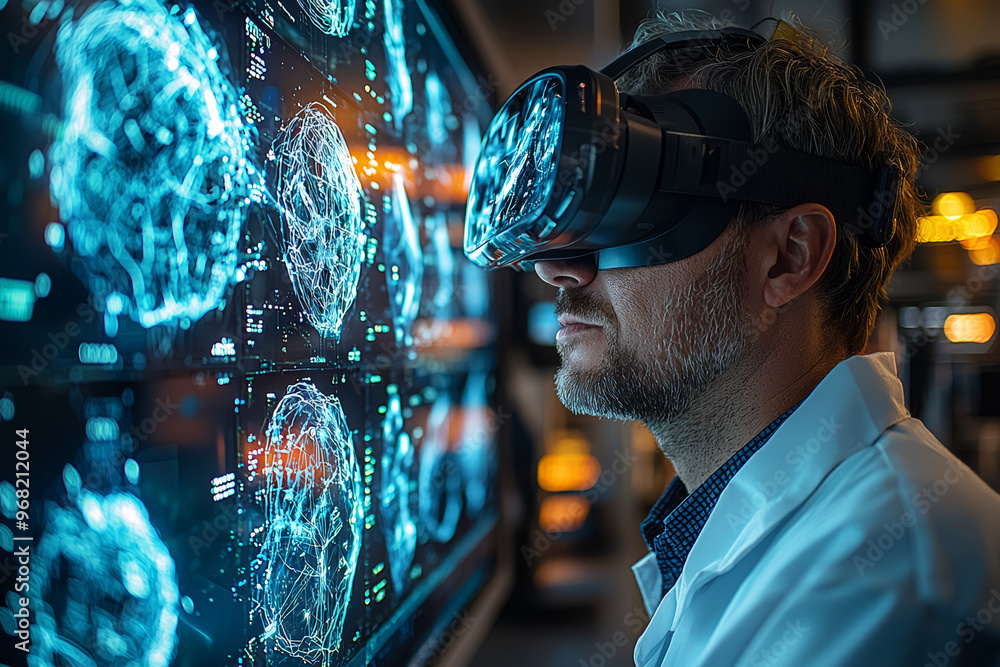 A researcher in a virtual lab conducting simulations on a digital twin. Concept of next-generation research methodologies. A researcher in a virtual lab conducting simulations on a digital twin. Concept of next-generation research methodologies.