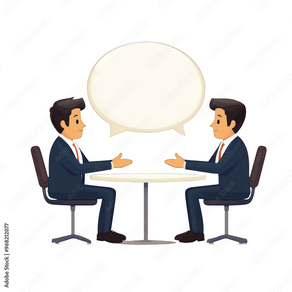 Two businessmen having a discussion at a table, with an empty speech bubble for adding text or ideas. transparent background
