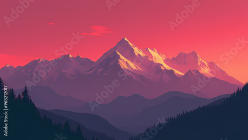 Snow-Capped Mountain Peaks at Sunrise/Sunset