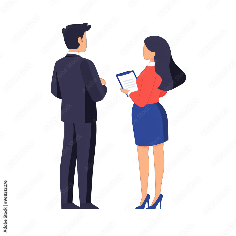 Two professionals discussing a document, showcasing teamwork and collaboration in a modern office environment. transparent background Two professionals discussing a document, showcasing teamwork and collaboration in a modern office environment. transparent background