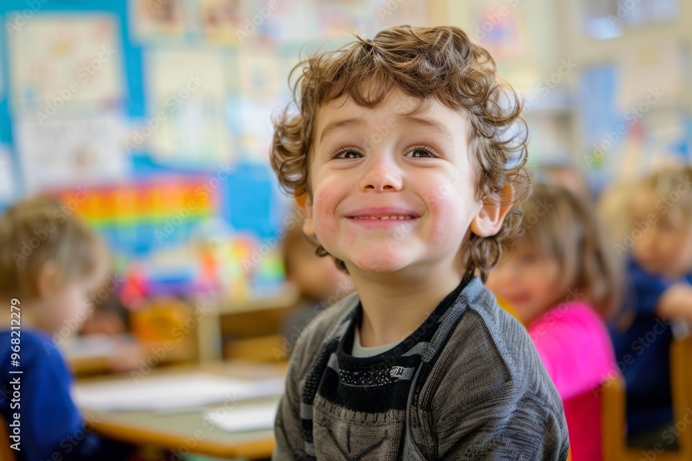 A young boy with curly hair is smiling at the camera A young boy with curly hair is smiling at the camera