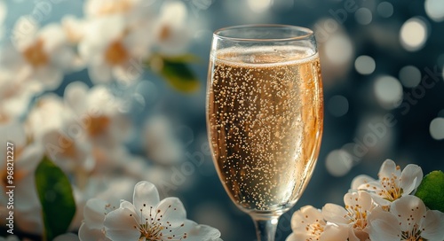 Celebratory drink of sparkling wine with blossoms in the background during a ...