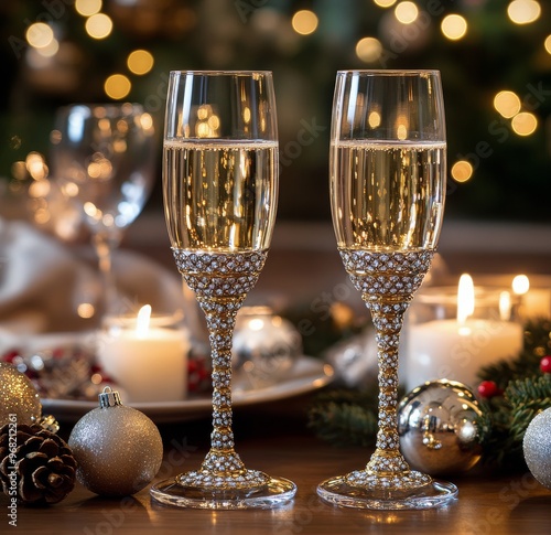 Elegant champagne flutes with holiday decor and soft candlelight during a fes...
