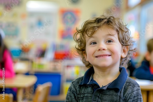 A young boy with curly hair is smiling at the camera