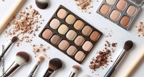 Makeup arrangement with neutral shades and tools on a white background for be...