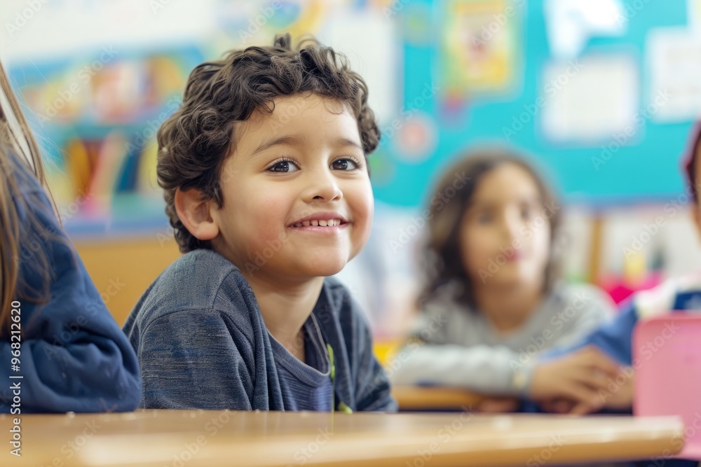 A young boy with curly hair is smiling at the camera A young boy with curly hair is smiling at the camera
