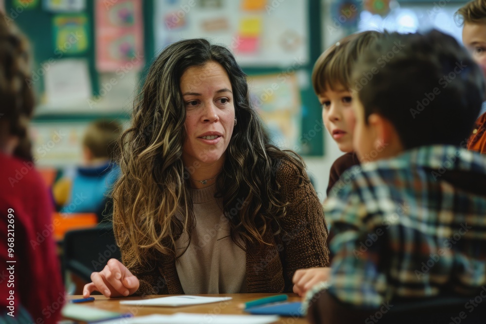 A woman is smiling at the camera in front of a group of children A woman is smiling at the camera in front of a group of children