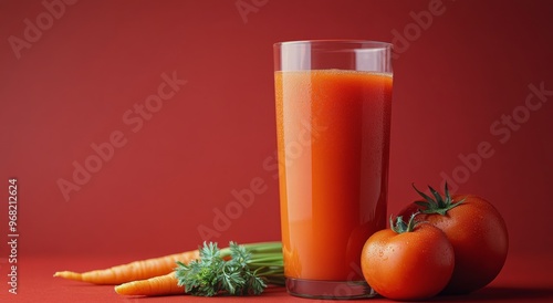 Freshly prepared carrot and tomato juice served in a clear glass against a vi...