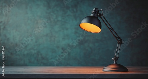 A black desk lamp illuminating a dark workspace in a minimalistic setting at ...