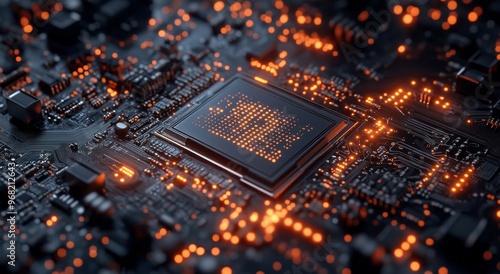 Detailed view of a glowing microchip on a circuit board showcasing advanced t...