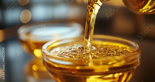 Golden syrup being poured into small glass bowls on a reflective surface near...