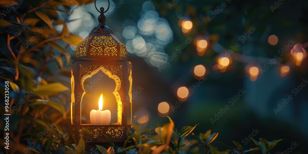 Ornate Arabic Lantern Illuminated by Burning Candle at Night Ornate Arabic Lantern Illuminated by Burning Candle at Night