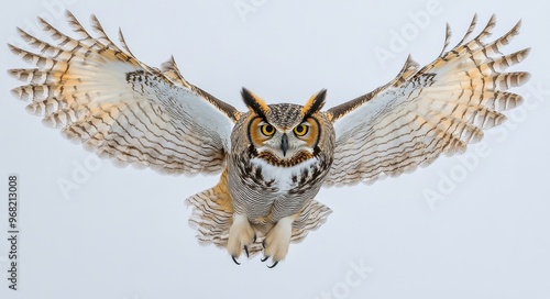 A majestic owl spreads its wings in a snowy landscape during the early mornin...