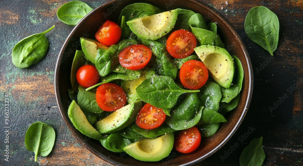 Fresh spinach and tomato salad with avocado served in a brown bowl on a dark tabletop Fresh spinach and tomato salad with avocado served in a brown bowl on a dark tabletop