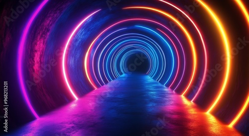 A vibrant neon-lit tunnel with bright colors and reflections creating a futur...