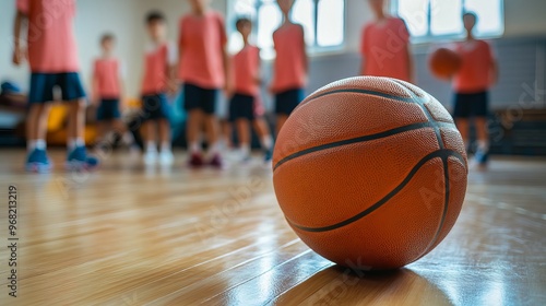 A young basketball team playing on a hardwood floor is seen in the background. Indoor Sports Equipment for Classroom Use