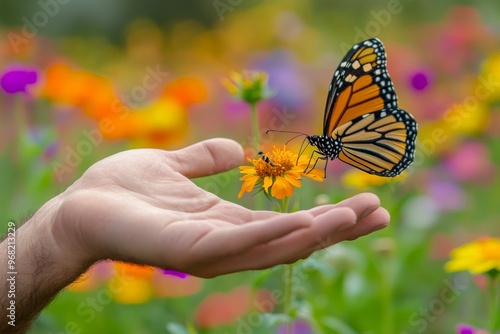 This captivating image depicts a hand interacting with a butterfly perched on a flower in a vivid garden, highlighting themes of delicate beauty and harmony with nature.