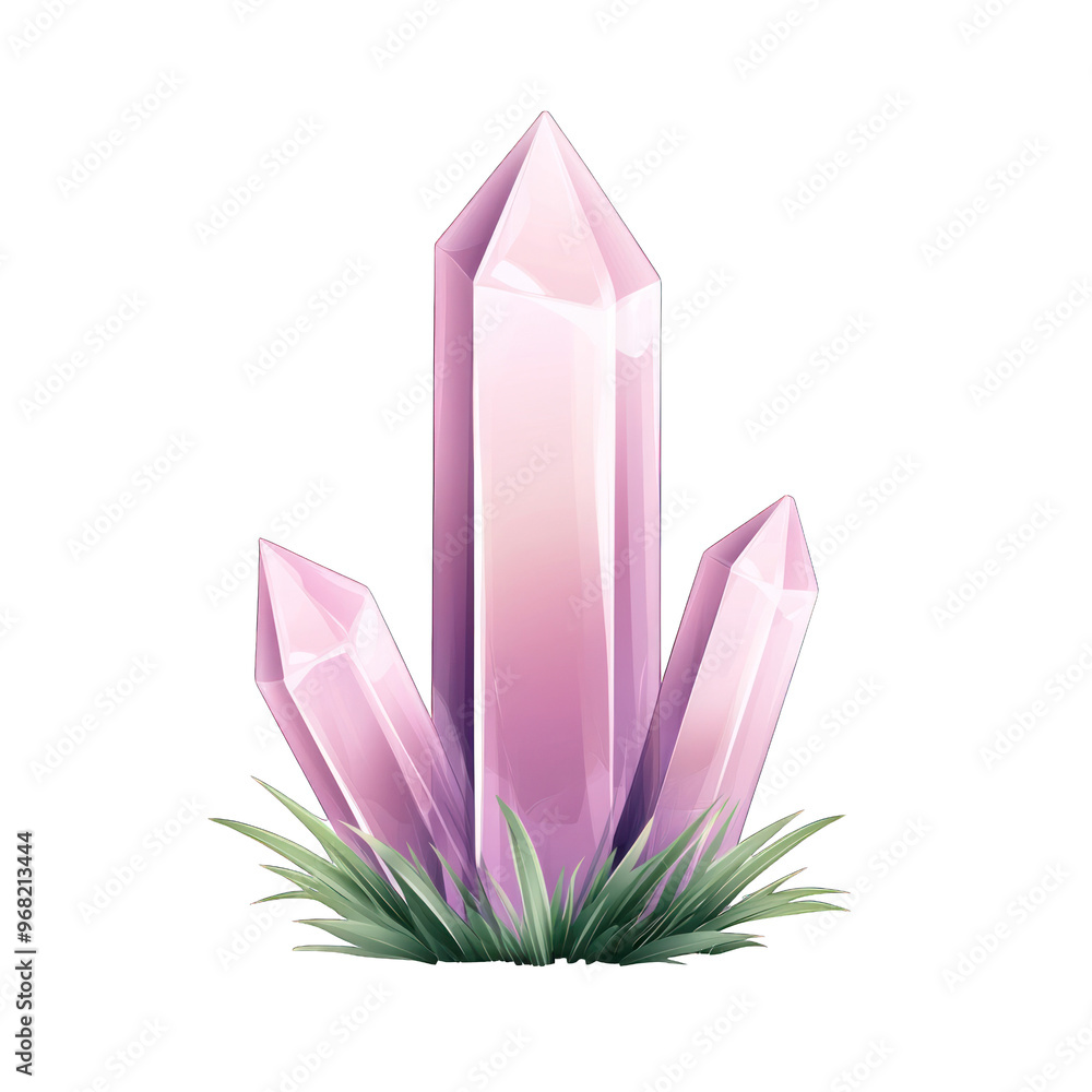 A beautifully designed pink crystal formation rising from lush green grass, perfect for adding a touch of elegance to any project. transparent background A beautifully designed pink crystal formation rising from lush green grass, perfect for adding a touch of elegance to any project. transparent background