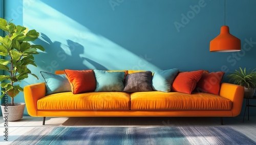 Brightly colored modern orange sofa with cushions in a stylish living room se...