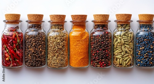 Assorted spice jars filled with colorful ingredients displayed on a white bac...