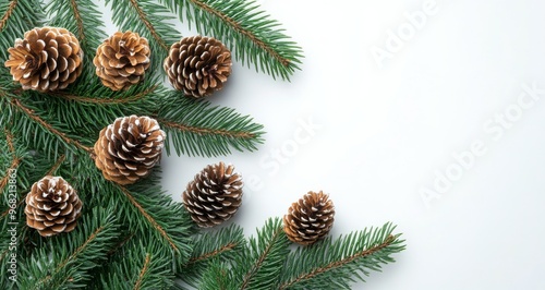 Natural winter arrangement with pine branches and pinecones on a light surface