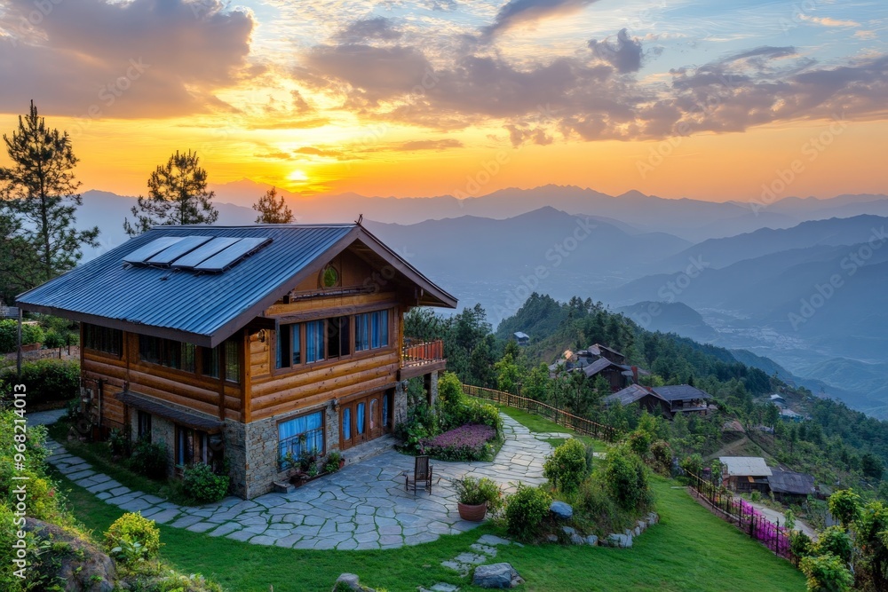 A modern rustic house featuring solar panels stands prominently against a backdrop of expansive mountain views, creating a perfect blend of eco-friendly and scenic lifestyle. A modern rustic house featuring solar panels stands prominently against a backdrop of expansive mountain views, creating a perfect blend of eco-friendly and scenic lifestyle.