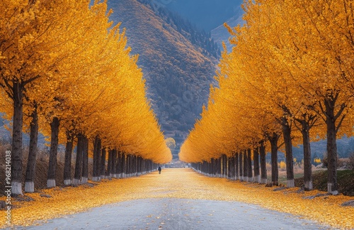 A peaceful walk through a vibrant golden tree-lined avenue during autumn