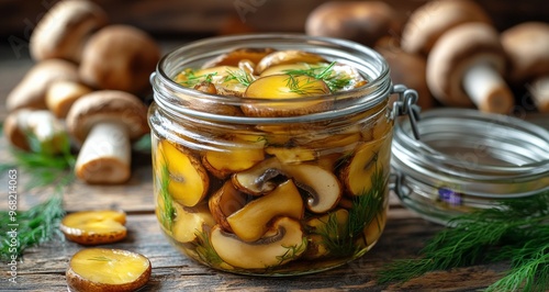 Deliciously preserved mushrooms in a jar on a rustic wooden table with fresh ...