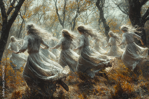 Wallpaper Mural A ghostly procession of dancers moving through a forest of withered trees. Concept of nature and the cycle of life and death. Torontodigital.ca