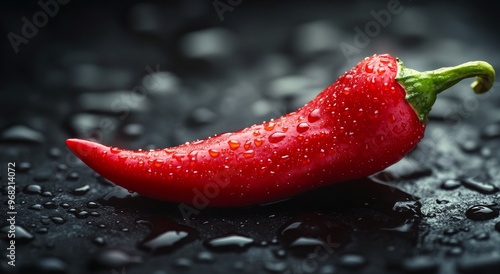 Fresh red chili pepper glistening with water droplets on a dark surface in th...