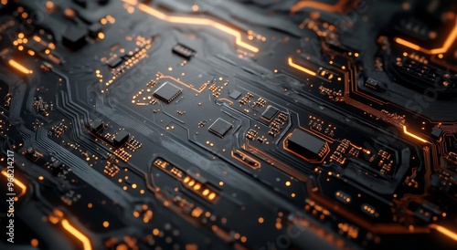 The intricate design of a microchip on a circuit board illuminated by soft light