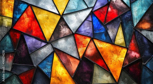 Vibrant stained glass artwork showcasing colorful geometric patterns in a uni...