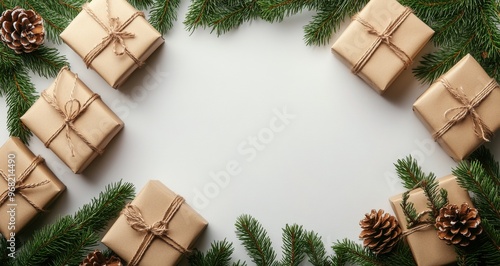 Festively wrapped gifts surrounded by pine branches and cones for a holiday c...