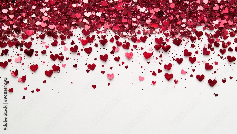 Glittering hearts and confetti spread across a white surface for a festive celebration Glittering hearts and confetti spread across a white surface for a festive celebration