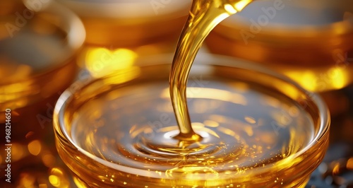 Golden syrup being poured into small glass bowls on a reflective surface near...