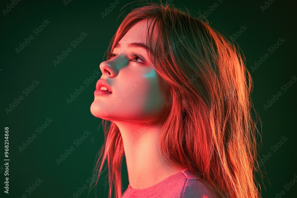 Adorable student girl posing in neon light expressing emotions. Adorable student girl posing in neon light expressing emotions.