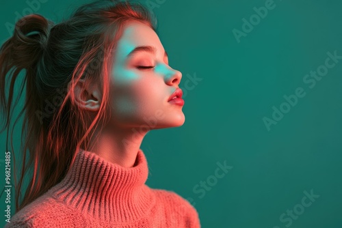 Adorable student girl posing in neon light  expressing emotions. photo