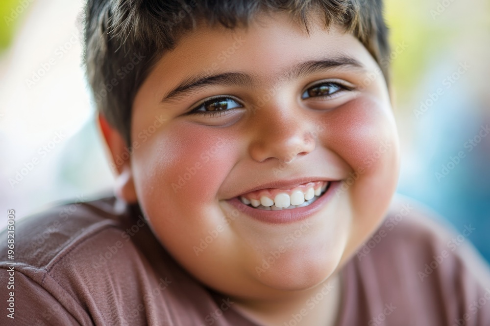 A close-up of a young boy with dark hair, wearing a brown shirt and displaying a vibrant smile, set against a softly blurred, colorful outdoor background. A close-up of a young boy with dark hair, wearing a brown shirt and displaying a vibrant smile, set against a softly blurred, colorful outdoor background.